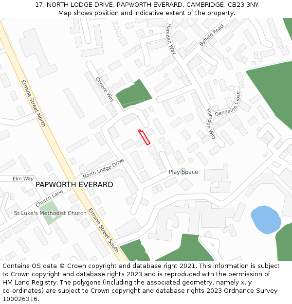 17, NORTH LODGE DRIVE, PAPWORTH EVERARD, CAMBRIDGE, CB23 3NY: Location map and indicative extent of plot
