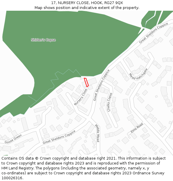 17, NURSERY CLOSE, HOOK, RG27 9QX: Location map and indicative extent of plot