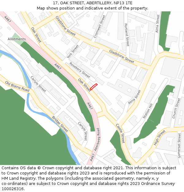 17, OAK STREET, ABERTILLERY, NP13 1TE: Location map and indicative extent of plot