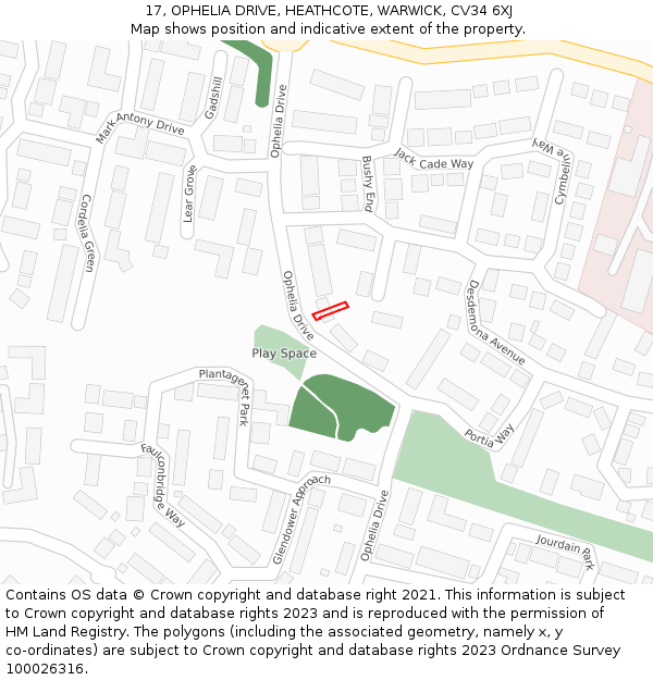 17, OPHELIA DRIVE, HEATHCOTE, WARWICK, CV34 6XJ: Location map and indicative extent of plot