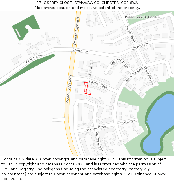17, OSPREY CLOSE, STANWAY, COLCHESTER, CO3 8WA: Location map and indicative extent of plot