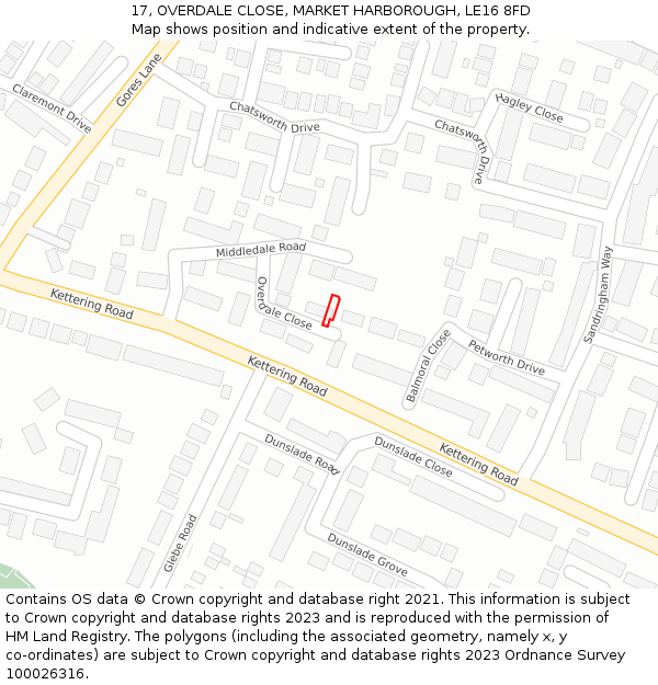 17, OVERDALE CLOSE, MARKET HARBOROUGH, LE16 8FD: Location map and indicative extent of plot