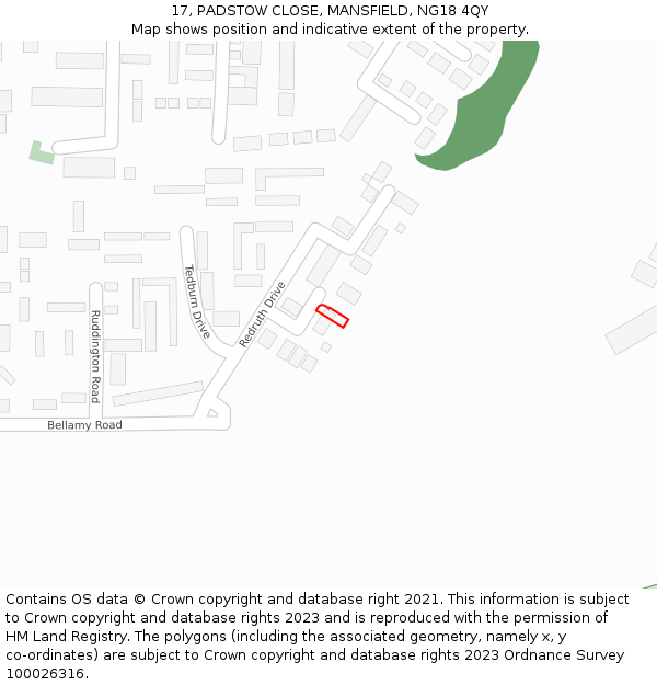 17, PADSTOW CLOSE, MANSFIELD, NG18 4QY: Location map and indicative extent of plot