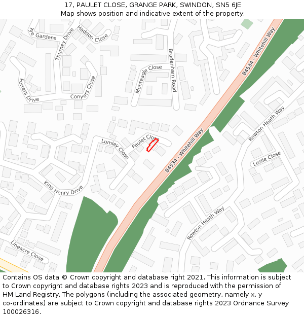 17, PAULET CLOSE, GRANGE PARK, SWINDON, SN5 6JE: Location map and indicative extent of plot