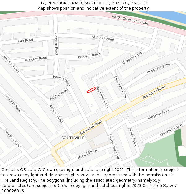 17, PEMBROKE ROAD, SOUTHVILLE, BRISTOL, BS3 1PP: Location map and indicative extent of plot