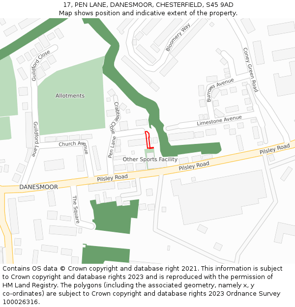 17, PEN LANE, DANESMOOR, CHESTERFIELD, S45 9AD: Location map and indicative extent of plot