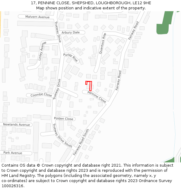 17, PENNINE CLOSE, SHEPSHED, LOUGHBOROUGH, LE12 9HE: Location map and indicative extent of plot