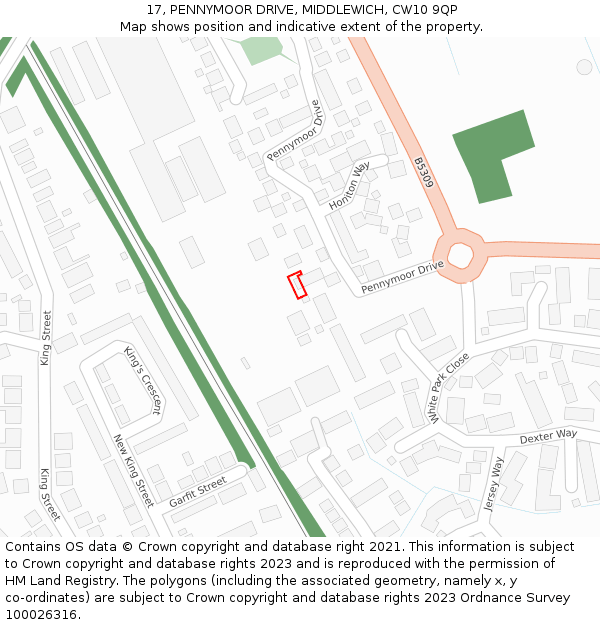 17, PENNYMOOR DRIVE, MIDDLEWICH, CW10 9QP: Location map and indicative extent of plot