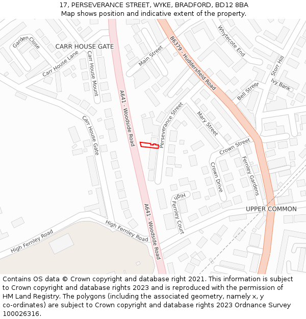17, PERSEVERANCE STREET, WYKE, BRADFORD, BD12 8BA: Location map and indicative extent of plot