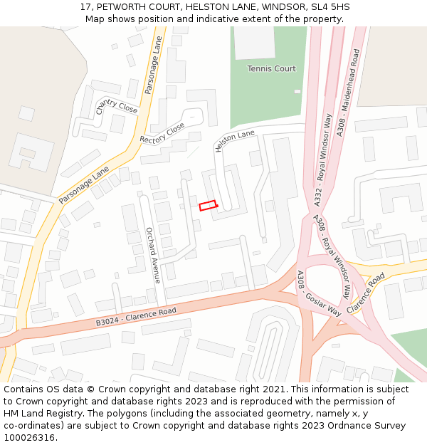 17, PETWORTH COURT, HELSTON LANE, WINDSOR, SL4 5HS: Location map and indicative extent of plot