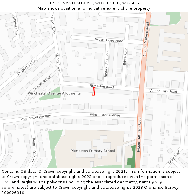 17, PITMASTON ROAD, WORCESTER, WR2 4HY: Location map and indicative extent of plot