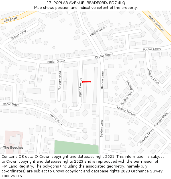 17, POPLAR AVENUE, BRADFORD, BD7 4LQ: Location map and indicative extent of plot