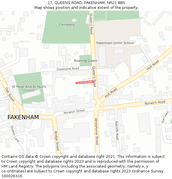 17, QUEENS ROAD, FAKENHAM, NR21 8BS: Location map and indicative extent of plot