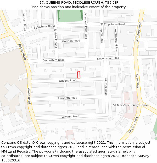17, QUEENS ROAD, MIDDLESBROUGH, TS5 6EF: Location map and indicative extent of plot