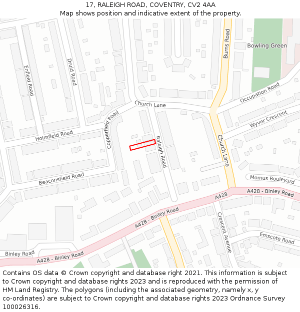 17, RALEIGH ROAD, COVENTRY, CV2 4AA: Location map and indicative extent of plot
