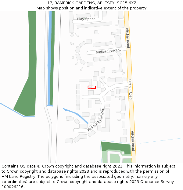 17, RAMERICK GARDENS, ARLESEY, SG15 6XZ: Location map and indicative extent of plot