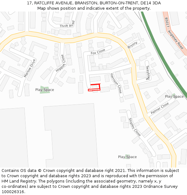 17, RATCLIFFE AVENUE, BRANSTON, BURTON-ON-TRENT, DE14 3DA: Location map and indicative extent of plot