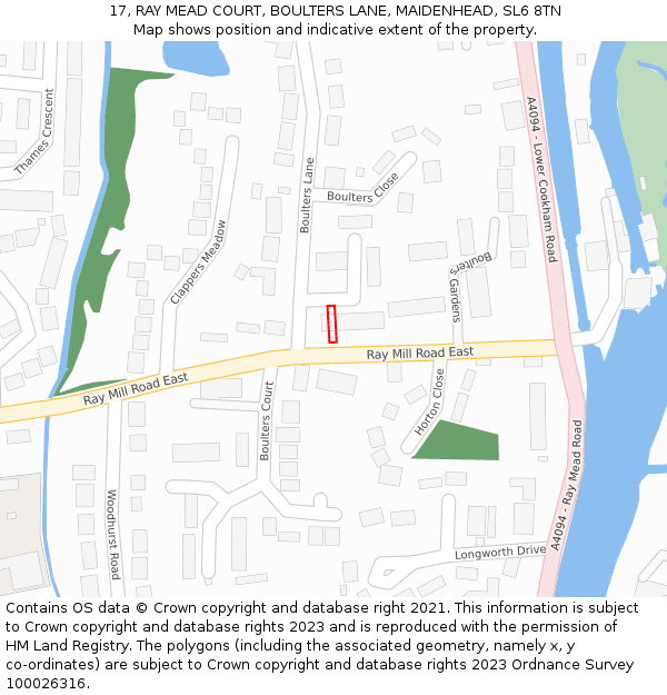 17, RAY MEAD COURT, BOULTERS LANE, MAIDENHEAD, SL6 8TN: Location map and indicative extent of plot