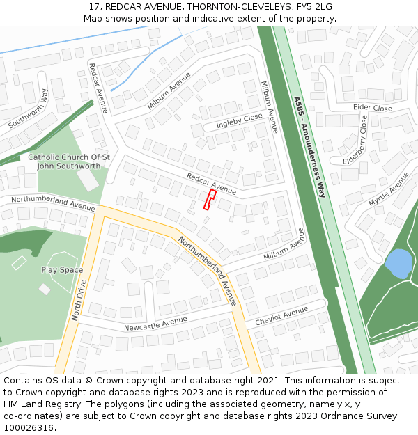 17, REDCAR AVENUE, THORNTON-CLEVELEYS, FY5 2LG: Location map and indicative extent of plot