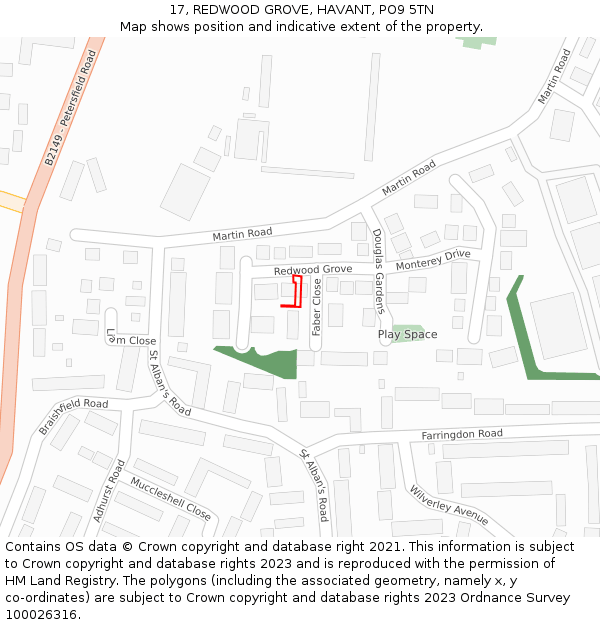 17, REDWOOD GROVE, HAVANT, PO9 5TN: Location map and indicative extent of plot