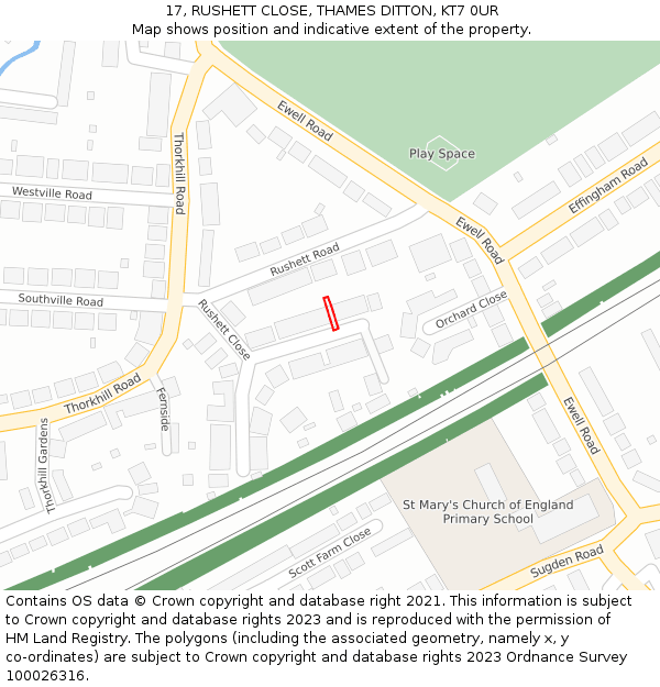 17, RUSHETT CLOSE, THAMES DITTON, KT7 0UR: Location map and indicative extent of plot