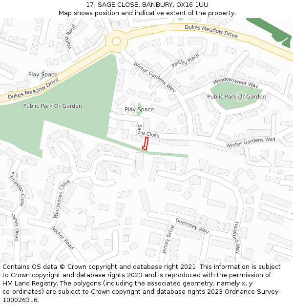 17, SAGE CLOSE, BANBURY, OX16 1UU: Location map and indicative extent of plot