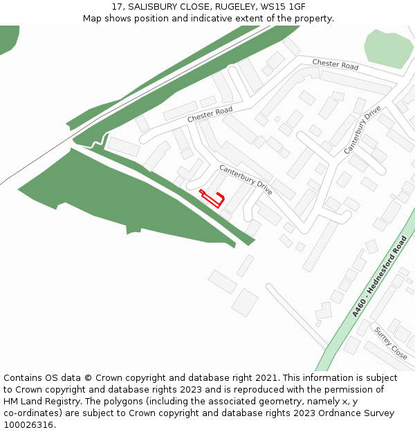 17, SALISBURY CLOSE, RUGELEY, WS15 1GF: Location map and indicative extent of plot