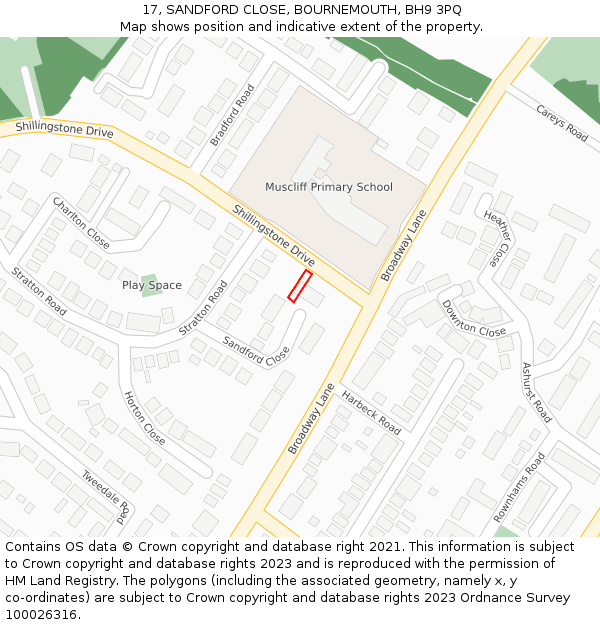 17, SANDFORD CLOSE, BOURNEMOUTH, BH9 3PQ: Location map and indicative extent of plot