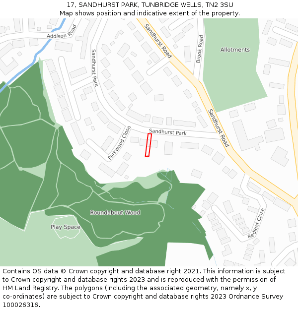 17, SANDHURST PARK, TUNBRIDGE WELLS, TN2 3SU: Location map and indicative extent of plot