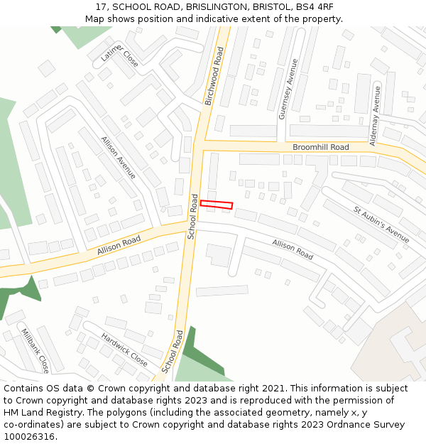 17, SCHOOL ROAD, BRISLINGTON, BRISTOL, BS4 4RF: Location map and indicative extent of plot