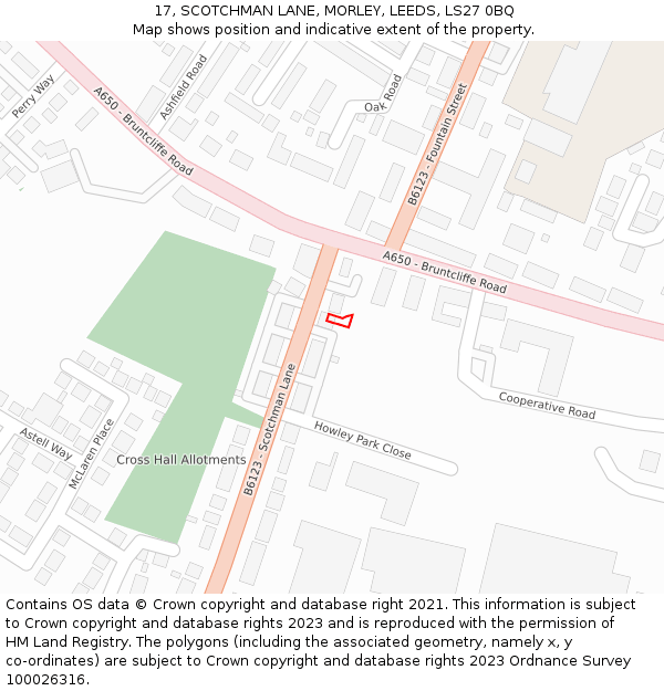 17, SCOTCHMAN LANE, MORLEY, LEEDS, LS27 0BQ: Location map and indicative extent of plot