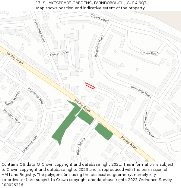 17, SHAKESPEARE GARDENS, FARNBOROUGH, GU14 9QT: Location map and indicative extent of plot
