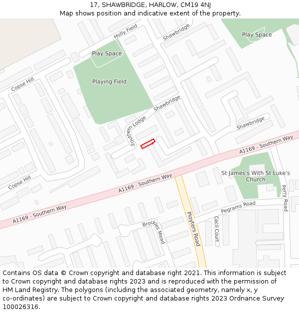 17, SHAWBRIDGE, HARLOW, CM19 4NJ: Location map and indicative extent of plot