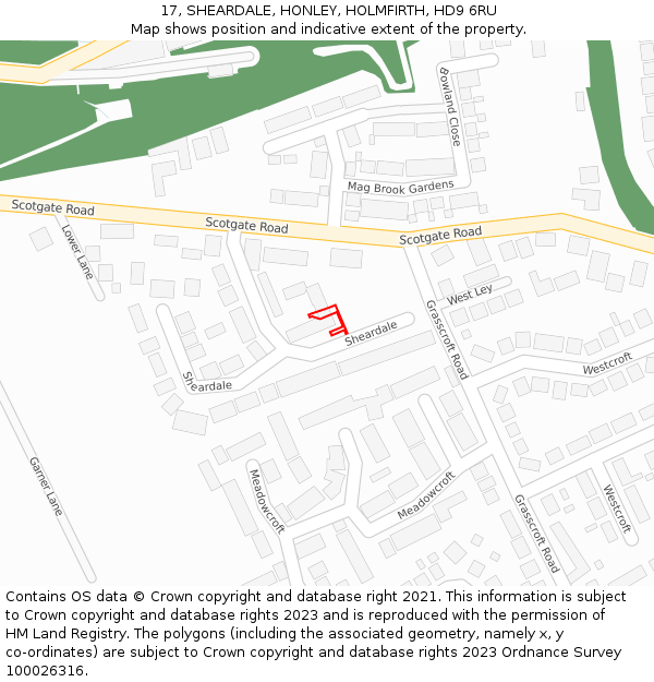 17, SHEARDALE, HONLEY, HOLMFIRTH, HD9 6RU: Location map and indicative extent of plot