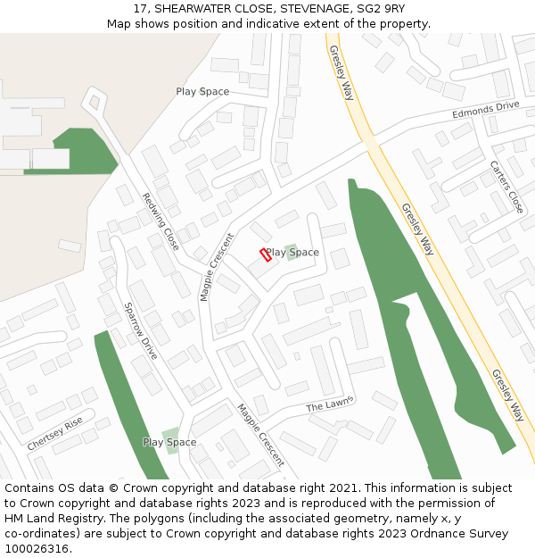 17, SHEARWATER CLOSE, STEVENAGE, SG2 9RY: Location map and indicative extent of plot