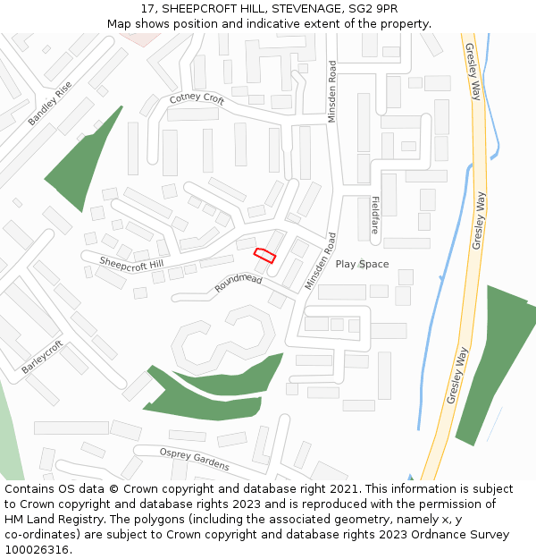 17, SHEEPCROFT HILL, STEVENAGE, SG2 9PR: Location map and indicative extent of plot