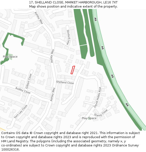 17, SHELLAND CLOSE, MARKET HARBOROUGH, LE16 7XT: Location map and indicative extent of plot