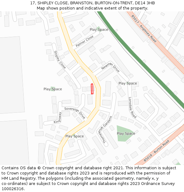 17, SHIPLEY CLOSE, BRANSTON, BURTON-ON-TRENT, DE14 3HB: Location map and indicative extent of plot