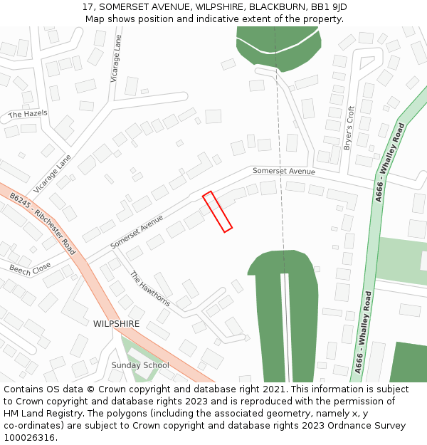 17, SOMERSET AVENUE, WILPSHIRE, BLACKBURN, BB1 9JD: Location map and indicative extent of plot