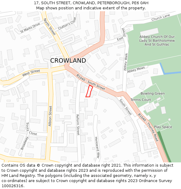 17, SOUTH STREET, CROWLAND, PETERBOROUGH, PE6 0AH: Location map and indicative extent of plot