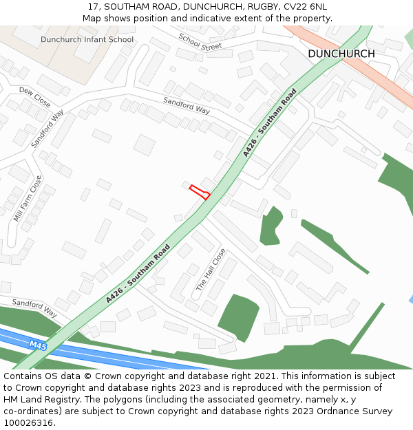 17, SOUTHAM ROAD, DUNCHURCH, RUGBY, CV22 6NL: Location map and indicative extent of plot