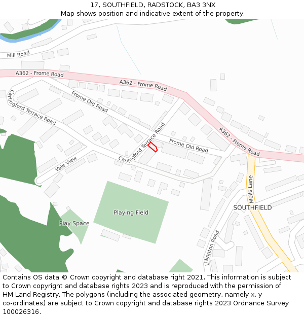 17, SOUTHFIELD, RADSTOCK, BA3 3NX: Location map and indicative extent of plot