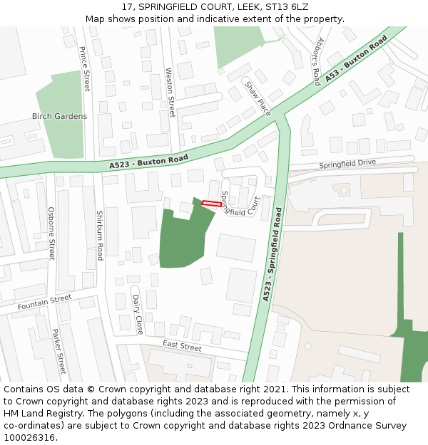 17, SPRINGFIELD COURT, LEEK, ST13 6LZ: Location map and indicative extent of plot