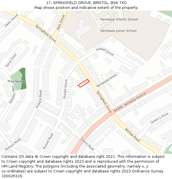 17, SPRINGFIELD GROVE, BRISTOL, BS6 7XG: Location map and indicative extent of plot