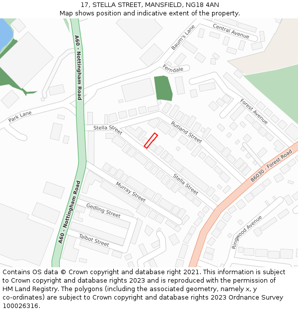 17, STELLA STREET, MANSFIELD, NG18 4AN: Location map and indicative extent of plot