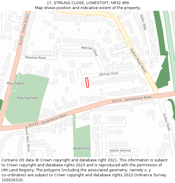 17, STIRLING CLOSE, LOWESTOFT, NR32 4RA: Location map and indicative extent of plot