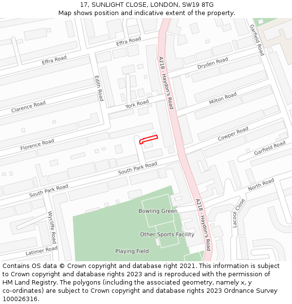 17, SUNLIGHT CLOSE, LONDON, SW19 8TG: Location map and indicative extent of plot