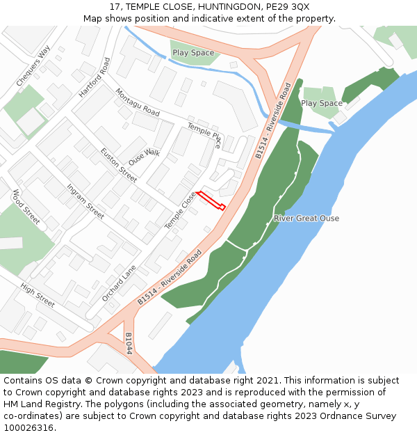 17, TEMPLE CLOSE, HUNTINGDON, PE29 3QX: Location map and indicative extent of plot