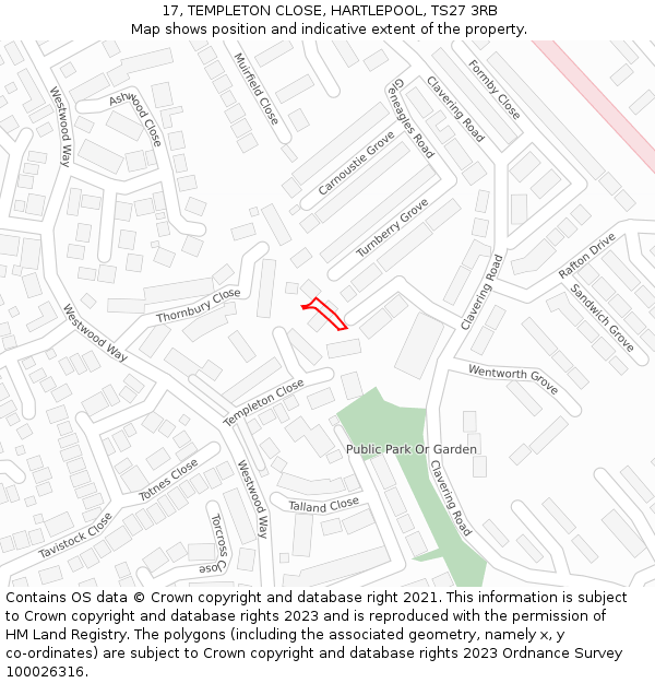 17, TEMPLETON CLOSE, HARTLEPOOL, TS27 3RB: Location map and indicative extent of plot