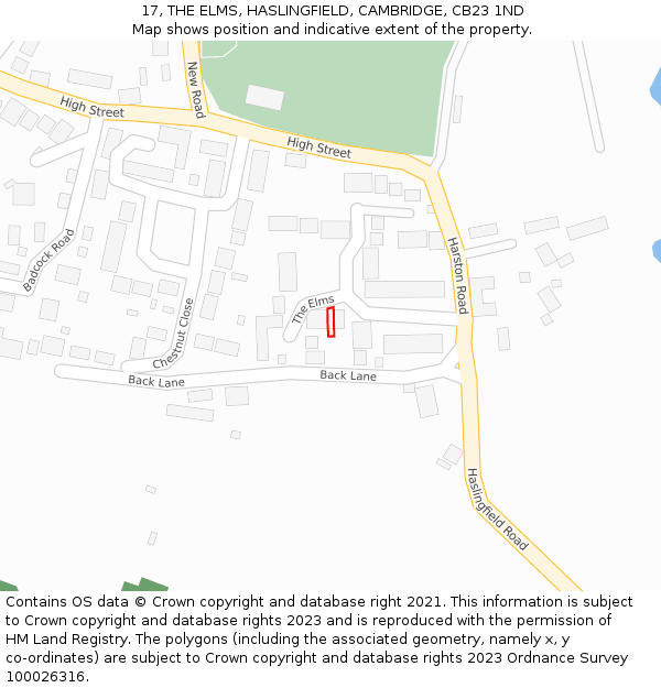 17, THE ELMS, HASLINGFIELD, CAMBRIDGE, CB23 1ND: Location map and indicative extent of plot